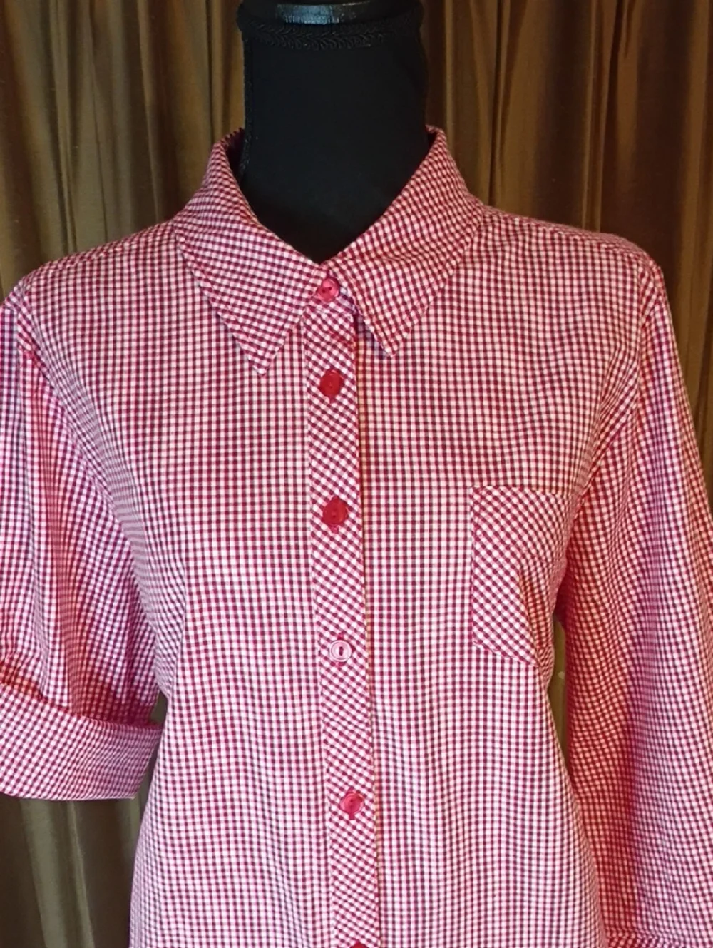 Red Gingham Button-Front Shirt Dress By D&Co - Picture 3 of 8